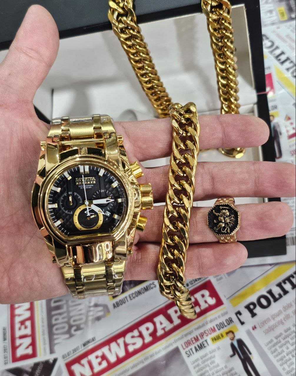 ست ساعت اینویکتا و دستبند و گردنبند و انگشتر سه موتوره کرنوگراف