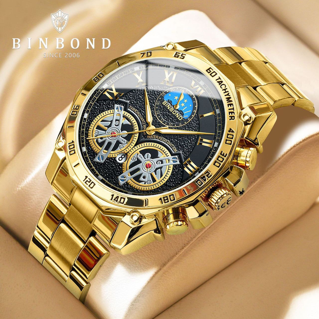 ساعت بین باند بند استیل مردانه bin bond رنگ ثابت و شب نما