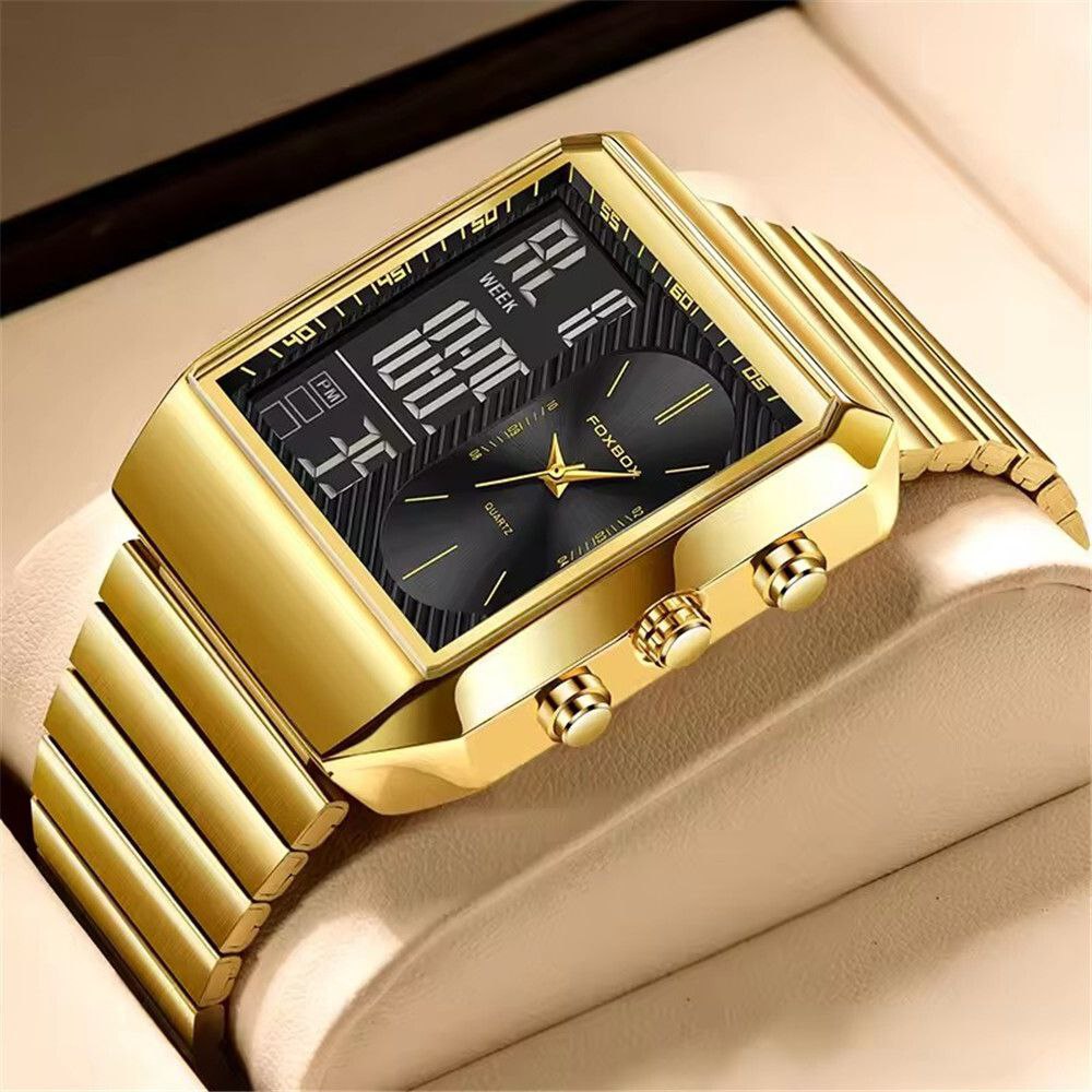 ساعت مردانه فاکس باکس دو زمانه نمایش روز شماره و ایام هفته کرنومتر بک لایت قوی بند استیل بادوام و با کیفیت نمایش PM / AM