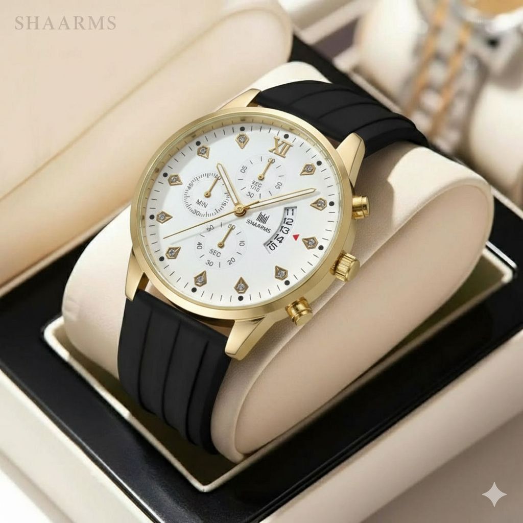 کد 2267 مردانه برند SHAARMS  طرح سه موتوره  بندچرم قفل کمربندی فولادی موتور کوارتز باکیفیت  طراحی خاص و زیبا صفحه سفید