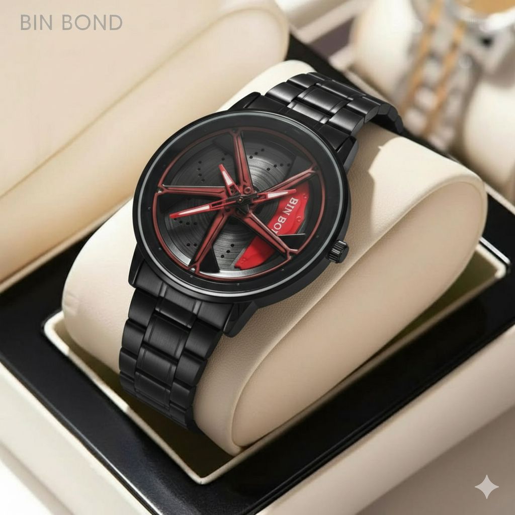 کد 2287 مردانه برند بین باند BIN BOND  رینگ چرخشی  ضدآب با کیفیت قاب و بند عالی  اسپرت برای آقایان  طرح رینگ ماشین  قفل کلیپسی   موتورکوارتز  بند استیل خاص وجذاب