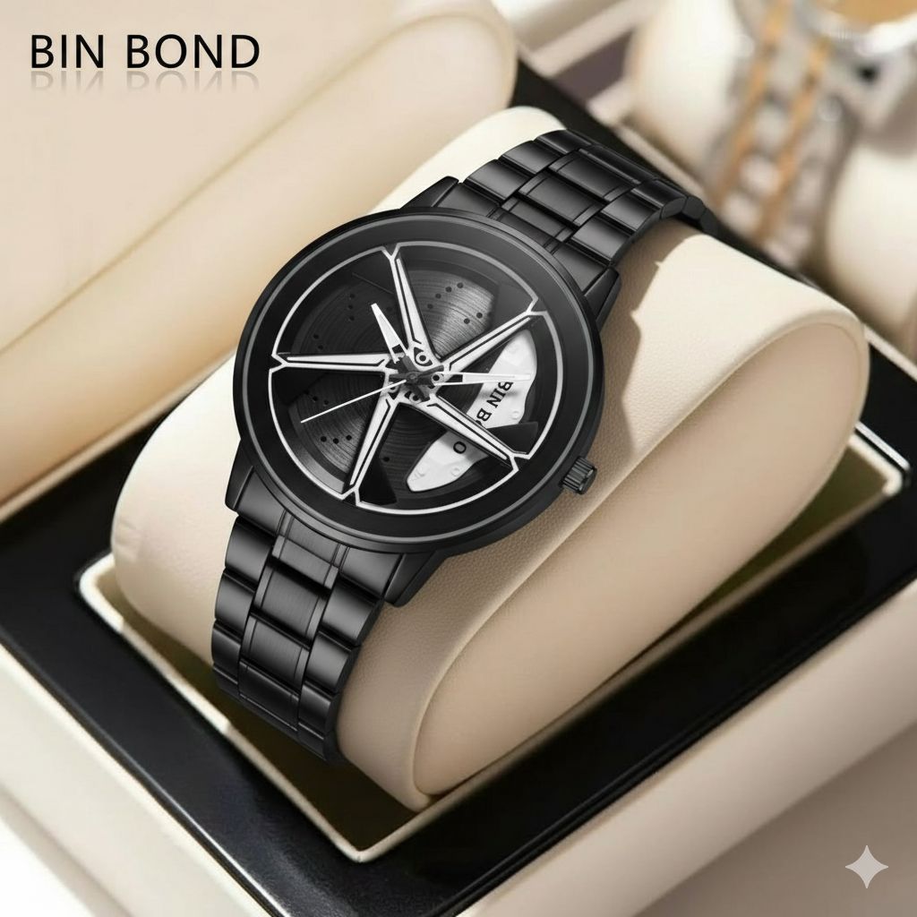 کد 2286 مردانه برند بین باند BIN BOND  رینگ چرخشی  ضدآب با کیفیت قاب و بند عالی  اسپرت برای آقایان  طرح رینگ ماشین  قفل کلیپسی   موتورکوارتز  بند استیل خاص وجذاب
