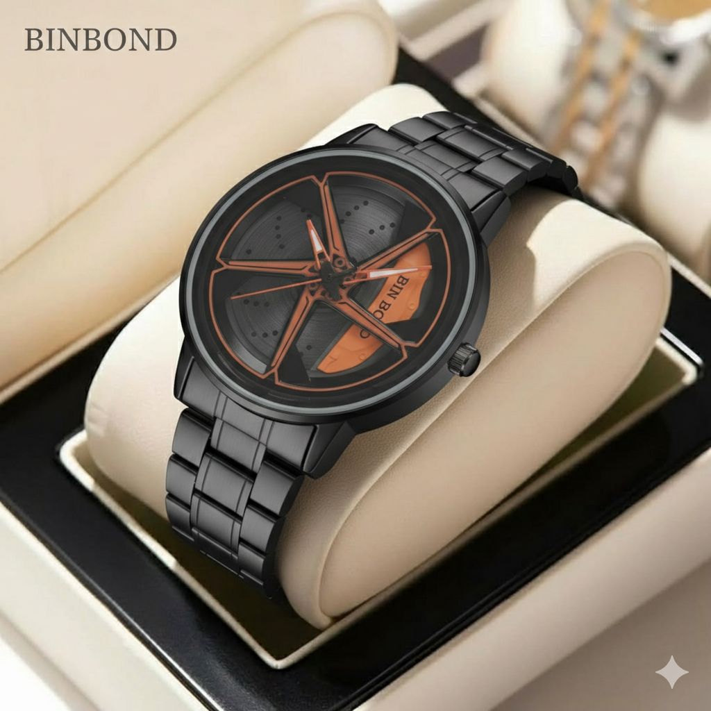 کد 2285 مردانه برند بین باند BIN BOND  رینگ چرخشی  ضدآب با کیفیت قاب و بند عالی  اسپرت برای آقایان  طرح رینگ ماشین  قفل کلیپسی   موتورکوارتز  بند استیل خاص وجذاب
