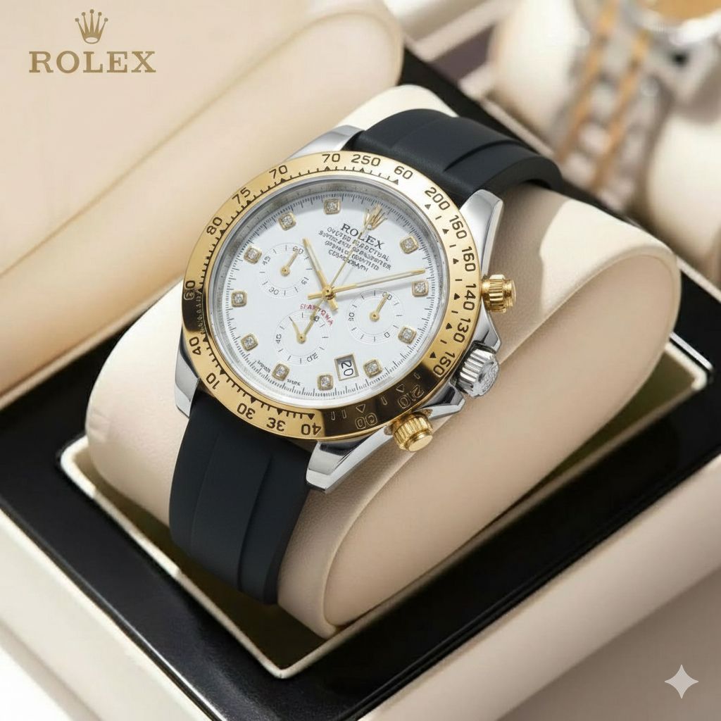 کد 2282 مردانه برند ROLEX  سه موتوره فعال  قاب کربنی  قفل رولکسی( دو قفل ) بنداستیل  دارای روزشمار  شيشه کریستال تاچیمتر