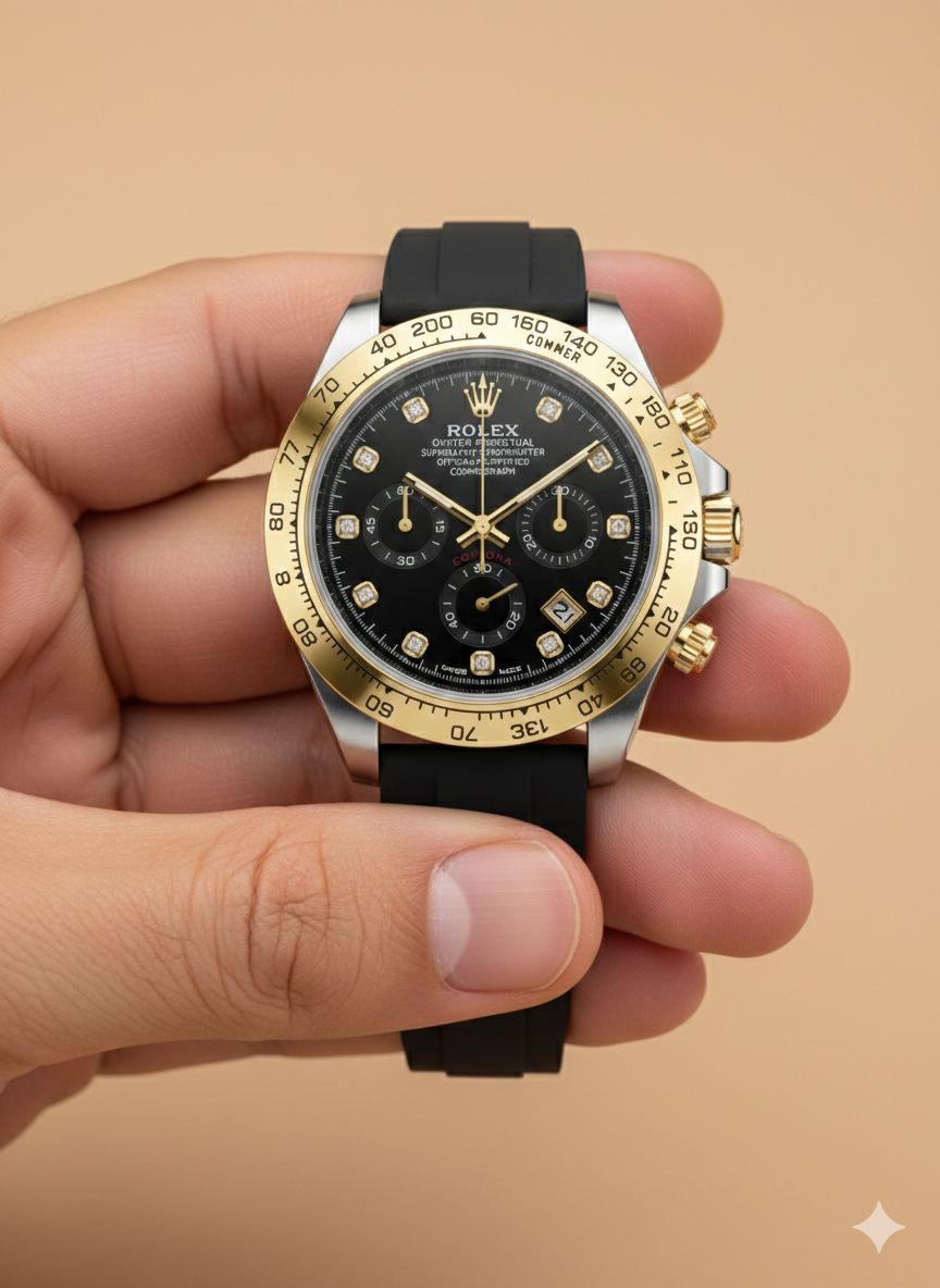 کد 2262 مردانه برند ROLEX  سه موتوره فعال  قاب کربنی  قفل رولکسی( دو قفل ) بنداستیل  دارای روزشمار  شيشه کریستال تاچیمتر