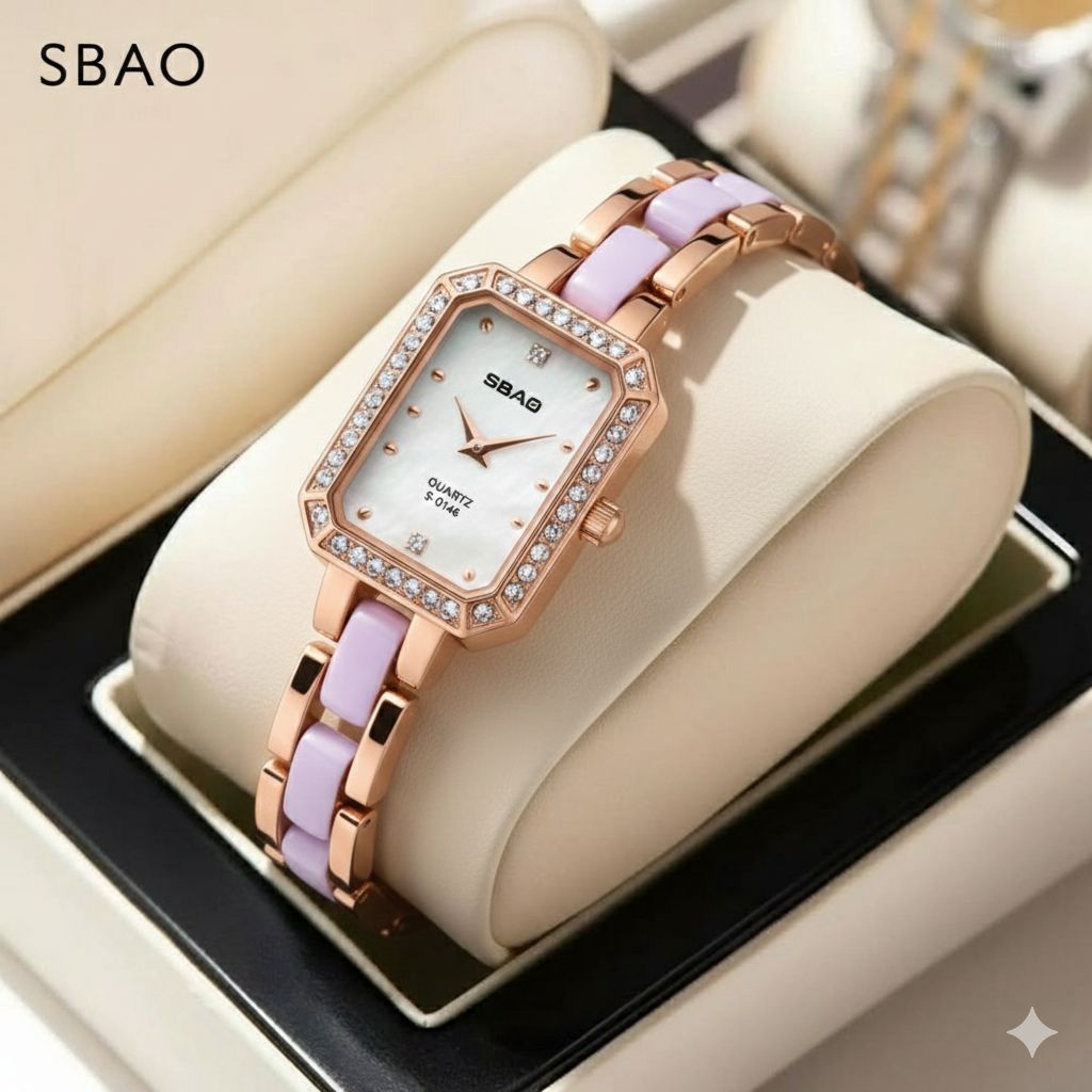 کد 2307 زنانه برند SBAO  باکیفیت  طراحی خاص، زیبا ظریف قفل دستبندی  موتور کوارتز نگین دار