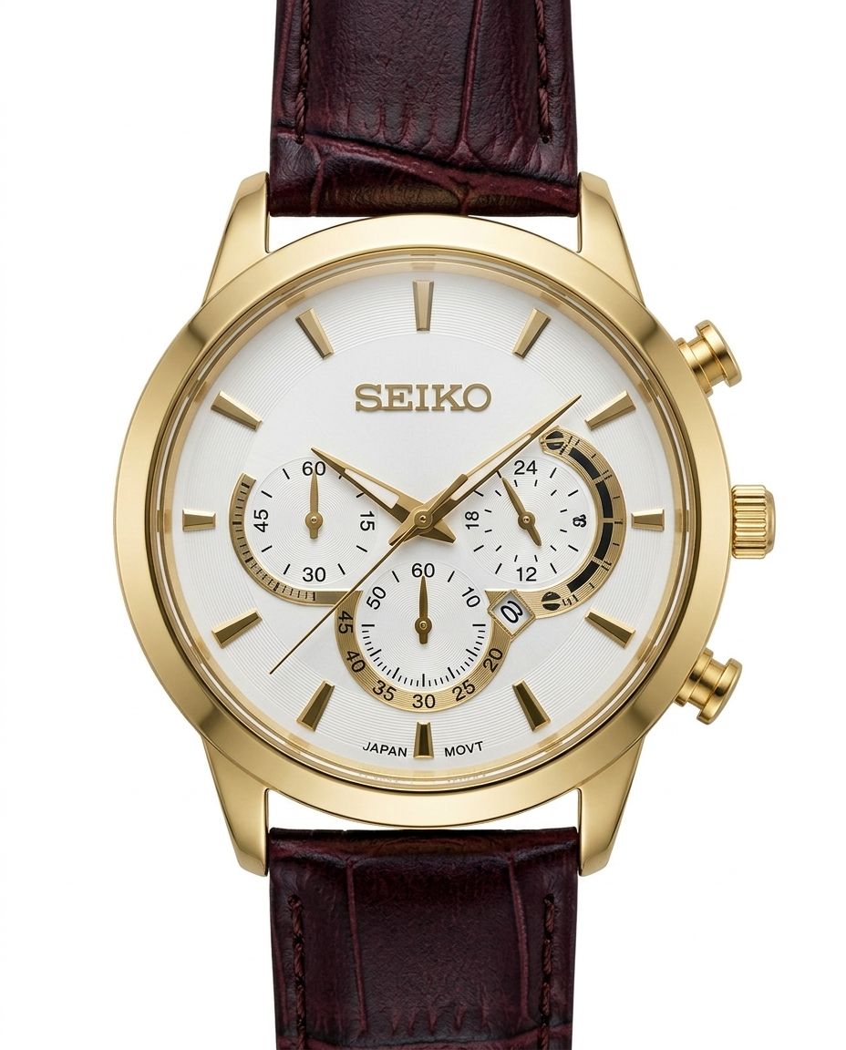 کد 2735 مردانه چرمی برند سیکو SEIKO        طراحی خاص طرح کورنو  دارای روز شمار  با کیفیت قفل سگگی  موتور کوارتز بند چرم