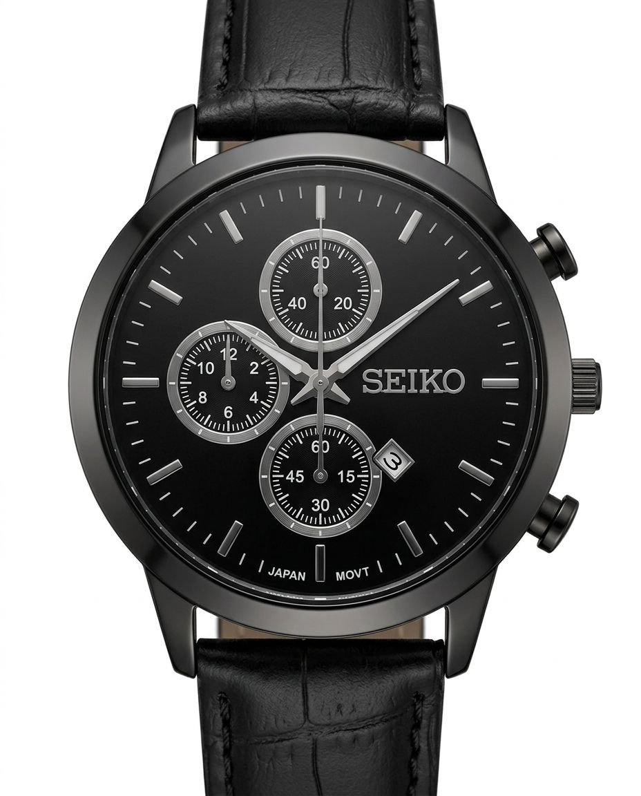 کد 2733 مردانه چرمی برند سیکو SEIKO        طراحی خاص طرح کورنو  دارای روز شمار  با کیفیت قفل سگگی  موتور کوارتز بند چرم