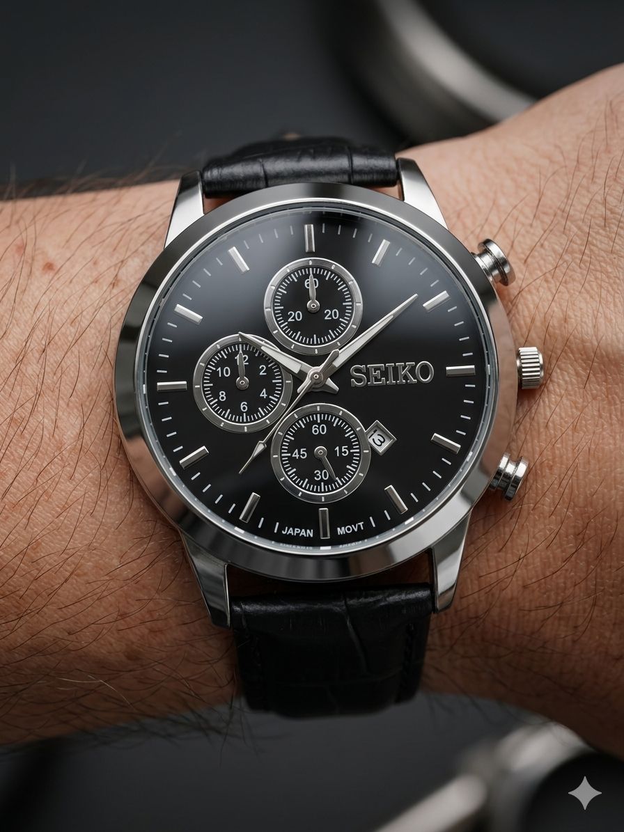 کد 2731 مردانه چرمی برند سیکو SEIKO        طراحی خاص طرح کورنو  دارای روز شمار  با کیفیت قفل سگگی  موتور کوارتز بند چرم