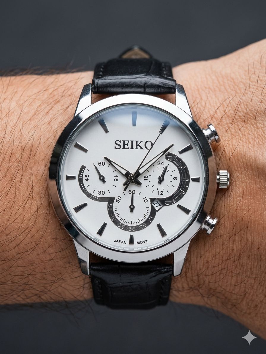 کد 2739 مردانه چرمی برند سیکو SEIKO        طراحی خاص طرح کورنو  دارای روز شمار  با کیفیت قفل سگگی  موتور کوارتز بند چرم