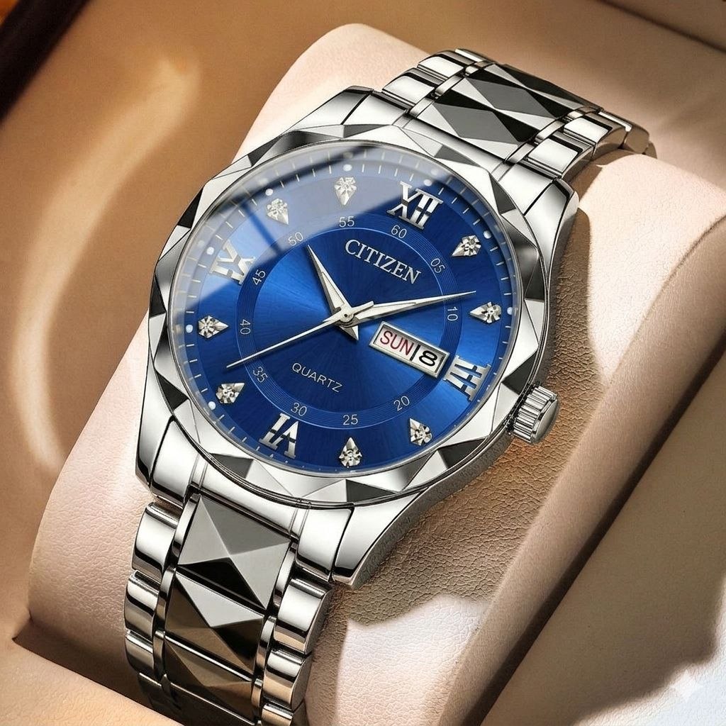 ☑️CITIZEN   Couple watch                ⌚️سی تیزن مدلی نو  رفرانس4200GO دارای روز شمار و ایام هفته  طرح الماس بند استیل  قفل کلیپسی  موتور کوارتز