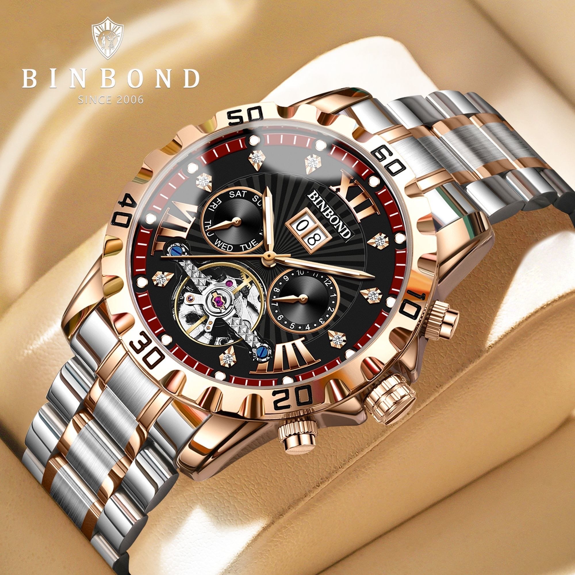 ☑️BIN BOND   《highe quality》       🫆Original watch               ⌚️ ابهت، قدرت و ظرافت... همه در یک قاب.   مناسب آقایان  صفحه چشم نواز با جزئیات حرفه ای  موتور پر قدرت اتوماتیک  روز شمار  ایام هفته  موتورهای فعال  نمایش اسکلتون  مناسب استایل رسمی و روز مره  مقاوم دربرابر آب برندشرکتی اوریجینال  کارت گارانتی  بند استیل فولاد شیشه سافایر  صفحه لومینوس(شب نما) قفل دو پروانه