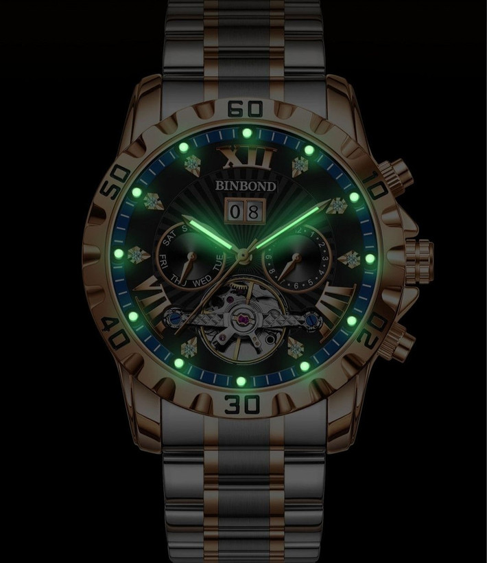 ☑️BIN BOND 《highe quality》 Original watch ⌚️ ابهت، قدرت و ظرافت... همه در یک قاب. مناسب آقایان صفحه چشم نواز با جزئیات حرفه ای موتور پر قدرت اتوماتیک روز شمار ایام هفته موتورهای فعال نمایش اسکلتون مناسب استایل رسمی و روز مره مقاوم دربرابر آب برندشرکتی اوریجینال کارت گارانتی بند استیل فولاد شیشه سافایر صفحه لومینوس(شب نما) قفل دو پروانه