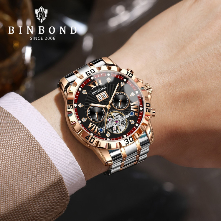 ☑️BIN BOND 《highe quality》 Original watch ⌚️ ابهت، قدرت و ظرافت... همه در یک قاب. مناسب آقایان صفحه چشم نواز با جزئیات حرفه ای موتور پر قدرت اتوماتیک روز شمار ایام هفته موتورهای فعال نمایش اسکلتون مناسب استایل رسمی و روز مره مقاوم دربرابر آب برندشرکتی اوریجینال کارت گارانتی بند استیل فولاد شیشه سافایر صفحه لومینوس(شب نما) قفل دو پروانه