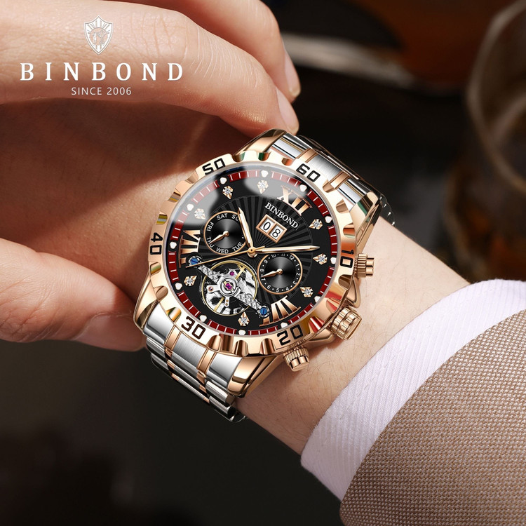 ☑️BIN BOND 《highe quality》 Original watch ⌚️ ابهت، قدرت و ظرافت... همه در یک قاب. مناسب آقایان صفحه چشم نواز با جزئیات حرفه ای موتور پر قدرت اتوماتیک روز شمار ایام هفته موتورهای فعال نمایش اسکلتون مناسب استایل رسمی و روز مره مقاوم دربرابر آب برندشرکتی اوریجینال کارت گارانتی بند استیل فولاد شیشه سافایر صفحه لومینوس(شب نما) قفل دو پروانه