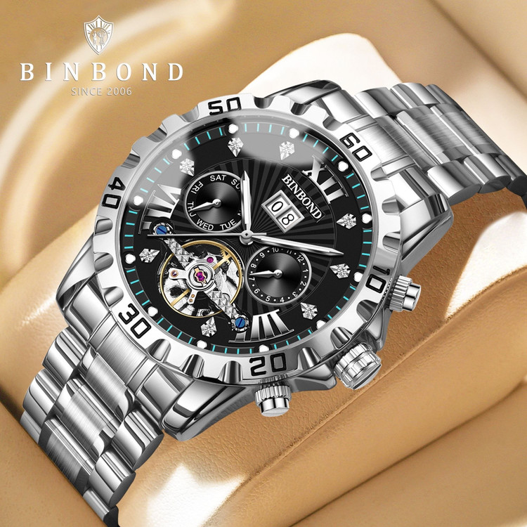 ☑️BIN BOND 《highe quality》 Original watch ⌚️ ابهت، قدرت و ظرافت... همه در یک قاب. مناسب آقایان صفحه چشم نواز با جزئیات حرفه ای موتور پر قدرت اتوماتیک روز شمار ایام هفته موتورهای فعال نمایش اسکلتون مناسب استایل رسمی و روز مره مقاوم دربرابر آب برندشرکتی اوریجینال کارت گارانتی بند استیل فولاد شیشه سافایر صفحه لومینوس(شب نما) قفل دو پروانه