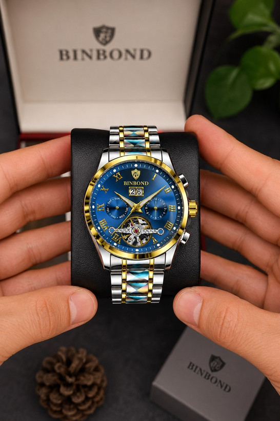 ☑️BIN BOND 《highe quality》 Original watch ⌚️ ابهت، قدرت و ظرافت... همه در یک قاب. مناسب آقایان صفحه چشم نواز با جزئیات حرفه ای موتور پر قدرت اتوماتیک روز شمار ایام هفته موتورهای فعال نمایش اسکلتون مناسب استایل رسمی و روز مره مقاوم دربرابر آب برندشرکتی اوریجینال کارت گارانتی بند استیل فولاد شیشه سافایر صفحه لومینوس(شب نما) قفل دو پروانه