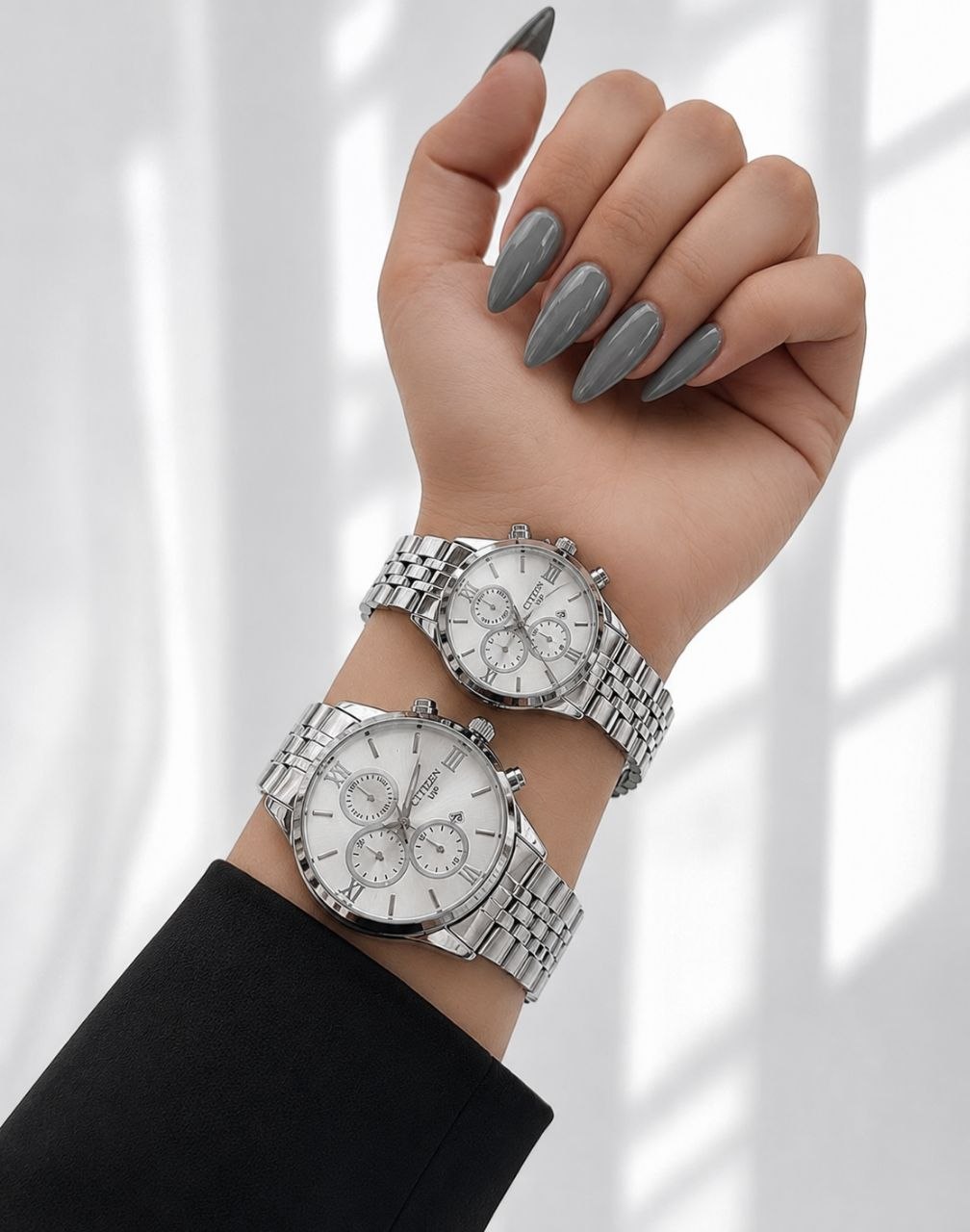 CITIZEN            vip  Couple watch ⌚️   ست سی تیزن وی ای پی  قفل کلیپسی  بنداستیل  موتور کوارتز  طرح کرنوگراف  دارای روز شمار