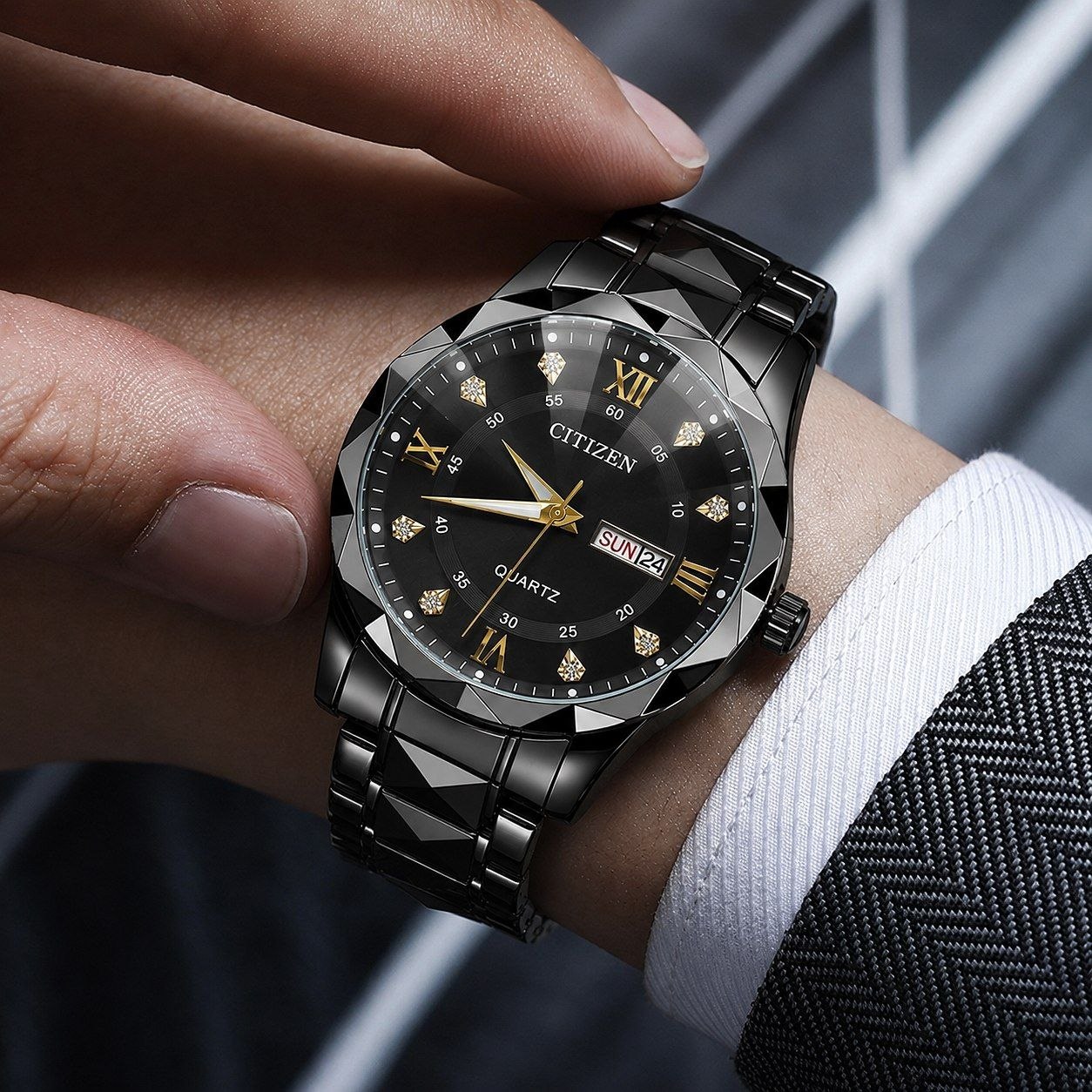 CITIZEN  Man collection               ⌚️سی تیزن الماس مدلی نو  رفرانس4200GO دارای روز شمار و ایام هفته  طرح الماس بند استیل مقاوم دربرابر آب  قفل کلیپسی  موتور کوارتز